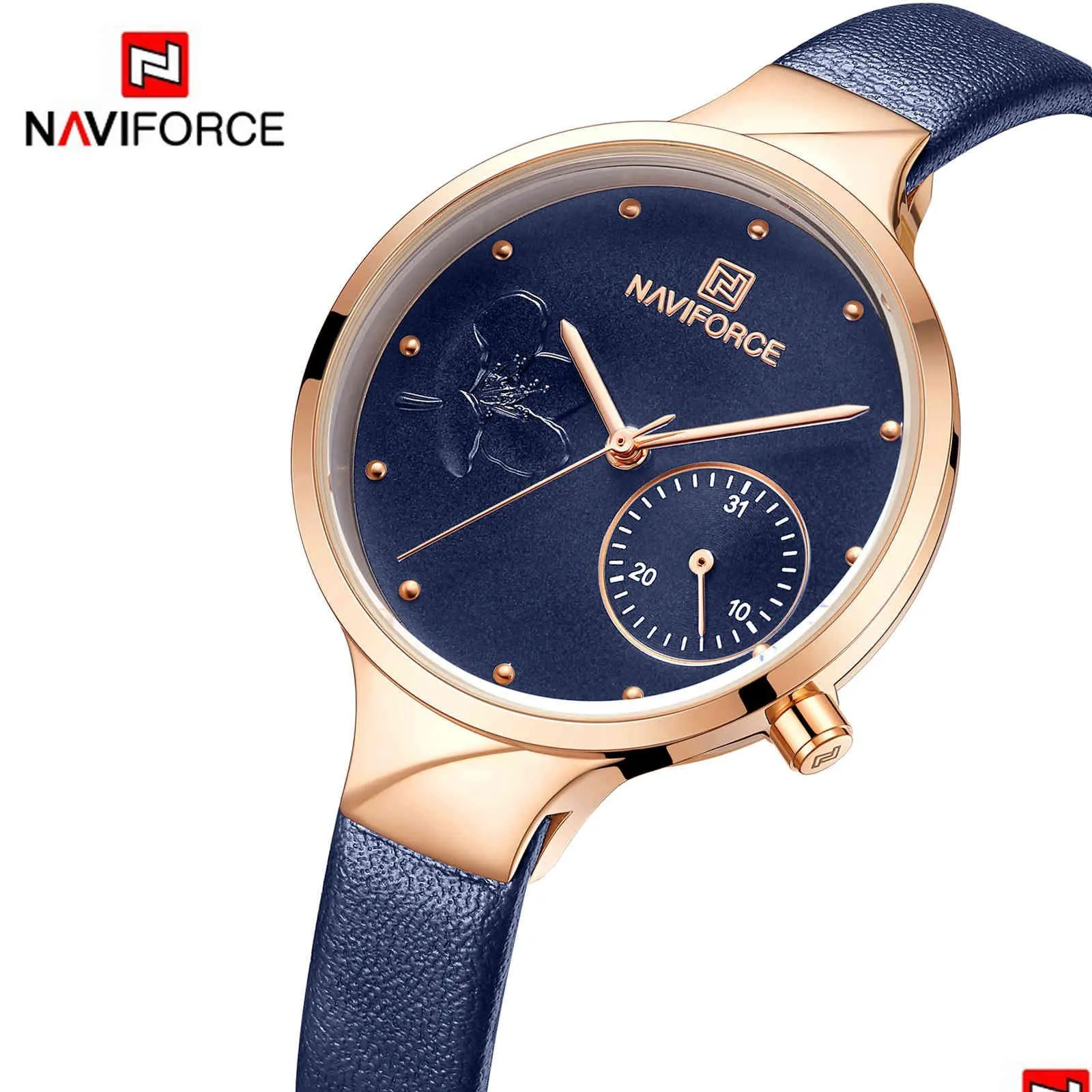 손목 시계 Naviforce Women Fashion Blue Quartz 시계 레이디 가죽 watchband 고품질 캐주얼 워터 푸른 손목 시계 선물 선물 Dhgarden Othhl