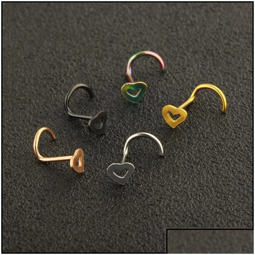 Nose Rings Studs Fashion Stainless Steel Nose Studs Heart Shape Mticolor Rings Hooks Piercing Body Piercings Jewelry Drop Delivery