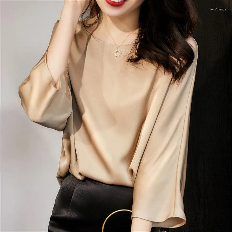 Women's Blouses 2023 Satin Silk Blouse Women Elegant Pink Korean Style Shirts O-Neck Solid Ladies Tops Casual White Summer Q5909