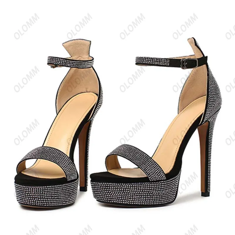 Olomm femmes plate-forme sandales Sexy strass mince talons hauts sandales bout ouvert noir argent chaussures de fête femmes US grande taille 3-9