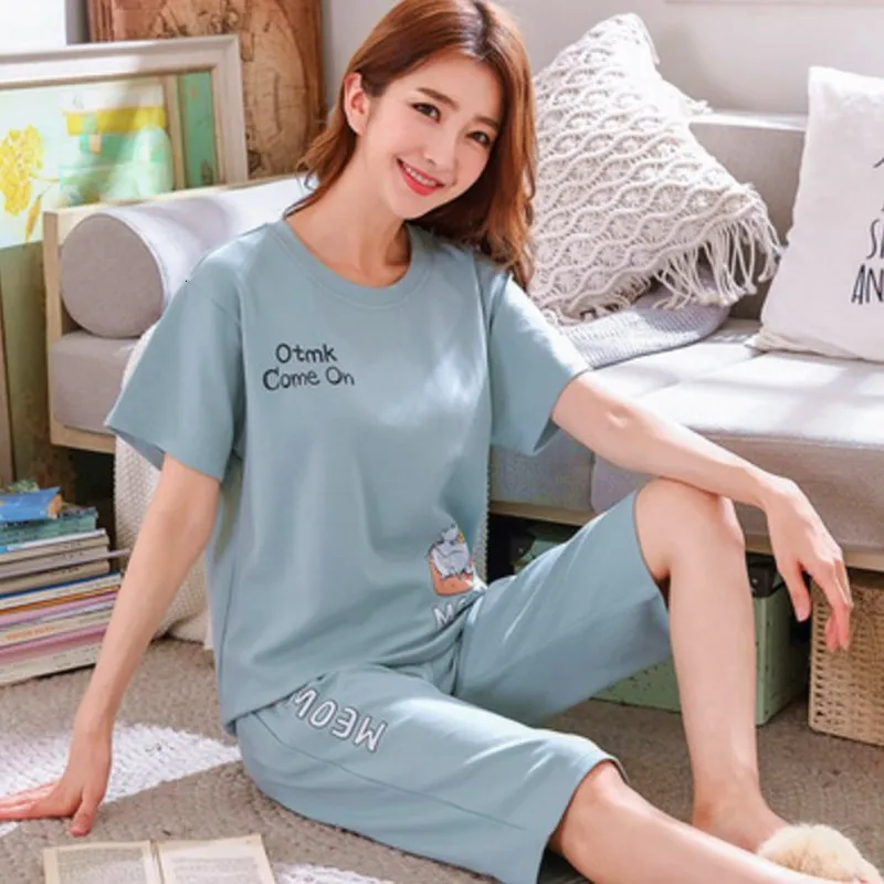 Dames slaapkleding zomer pyjama's meisje katoen kort mouw slanke slaapkleding groot formaat t-shirt bijgesneden broek tweedelige set schattige pyjama's vrouwen 3xl 230418