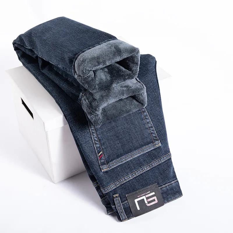 Jeans masculinos Inverno de alta qualidade Algodão alongamento fino leme de jeave lã grossa negócios acolhedores casuais cinza azul preto 230417