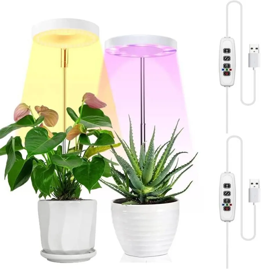 小さな屋内植物のライトを栽培し、温かい白いLEDフルスペクトル植物ライト、5V 3Aアダプターで調整可能、3/9/12Hタイマーの調光レベル、エンジェルハローリング成長ランプ