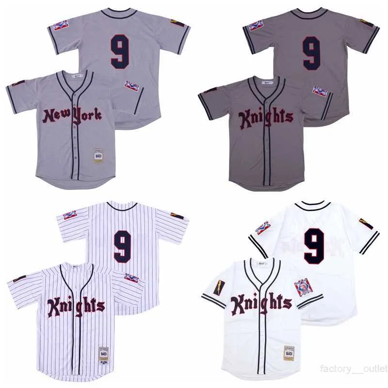 1939 영화 야구 뉴욕 기사 9 Roy Hobbs Jersey 남자 화이트 그레이 팀 멀리 쿨베이스 통기 가능한 순수면 스티치 최고 품질