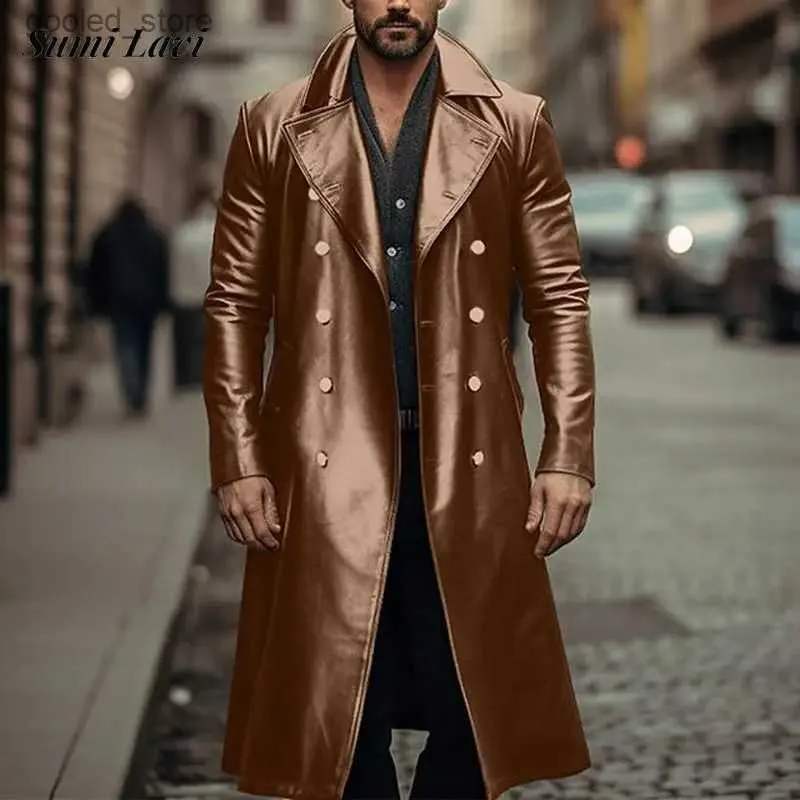 Trench da uomo stile gangster giacca a vento da uomo cappotto lungo in pelle autunno vintage colletto doppiopetto cappotti invernali da uomo giacche in pelle PU Q231118