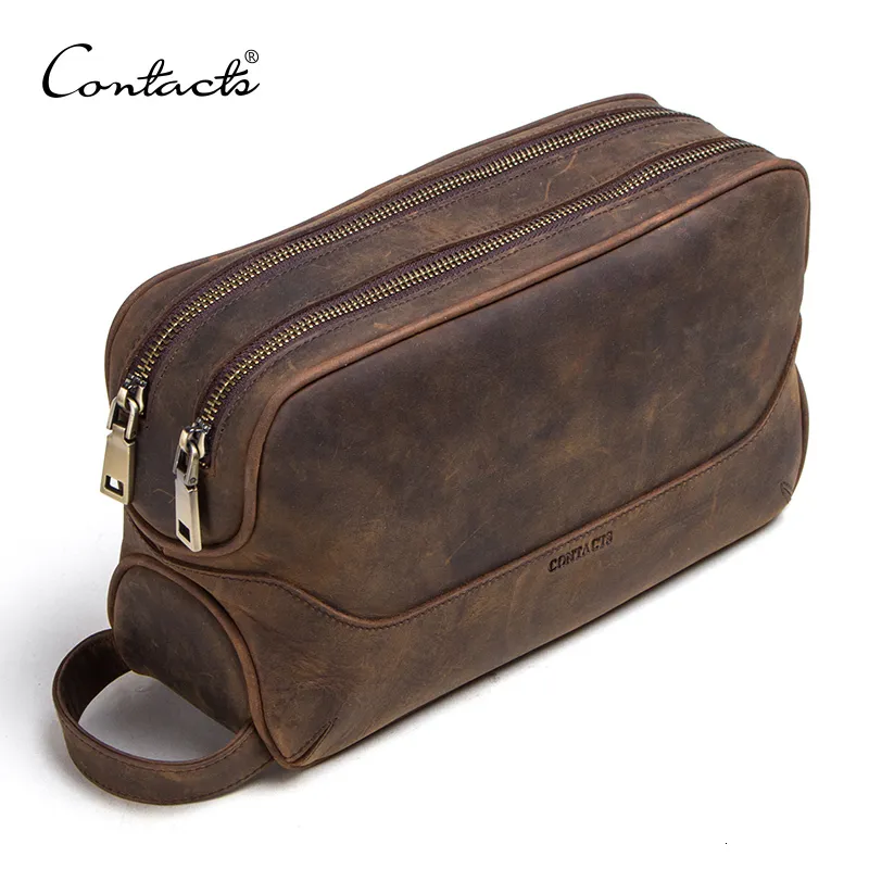 Astucci per cosmetici CONTACT'S borsa per cosmetici da uomo in vera pelle cavallo pazzo borsa da toilette maschile borse da lavaggio vintage borse per trucco da uomo organizer da viaggio 230418