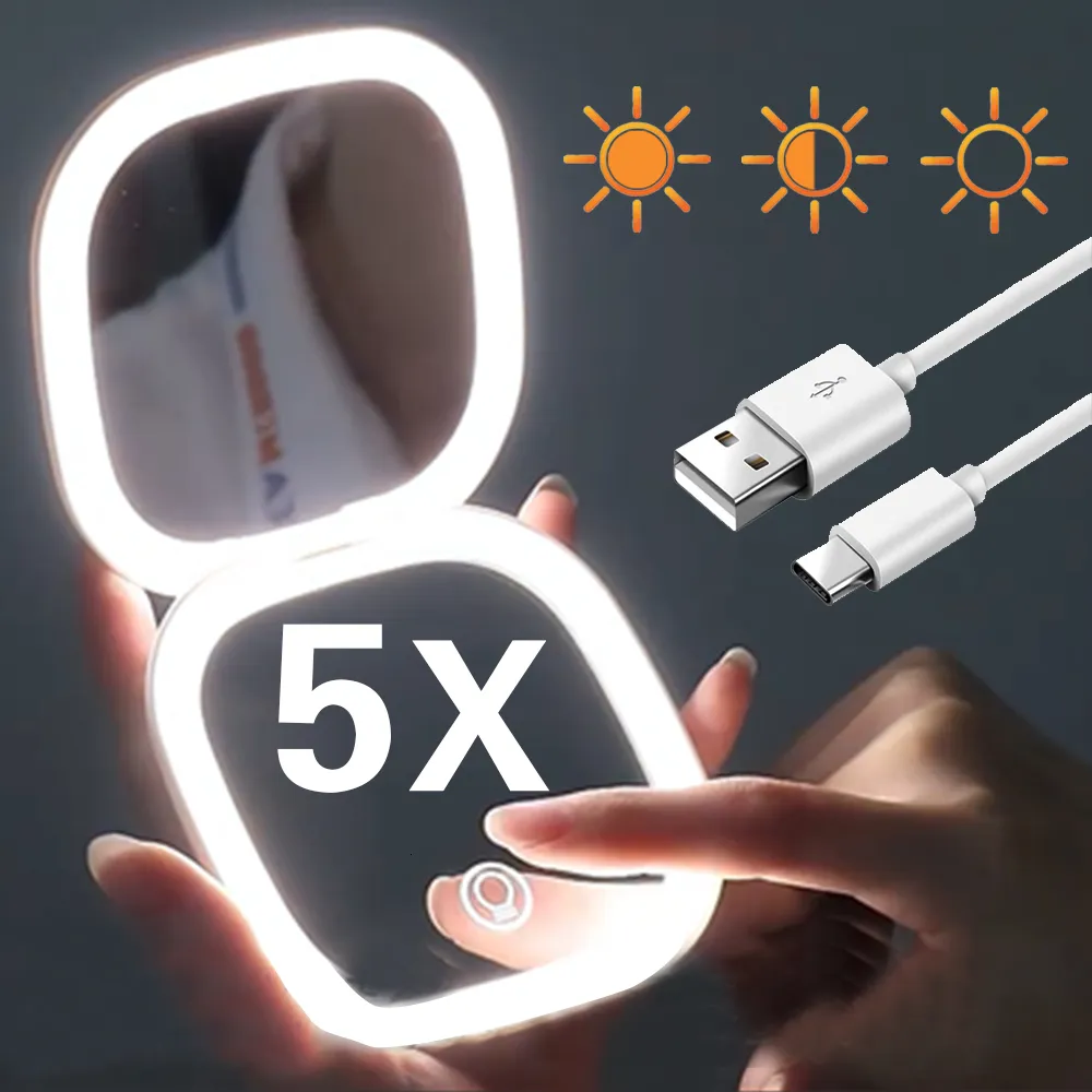 Kompakt Aynalar Mini LED Makyaj Aynası Işıklı 5x büyütücü küçük cep taşınabilir seyahat pembe siyah katlanabilir kozmetik makyaj 230418