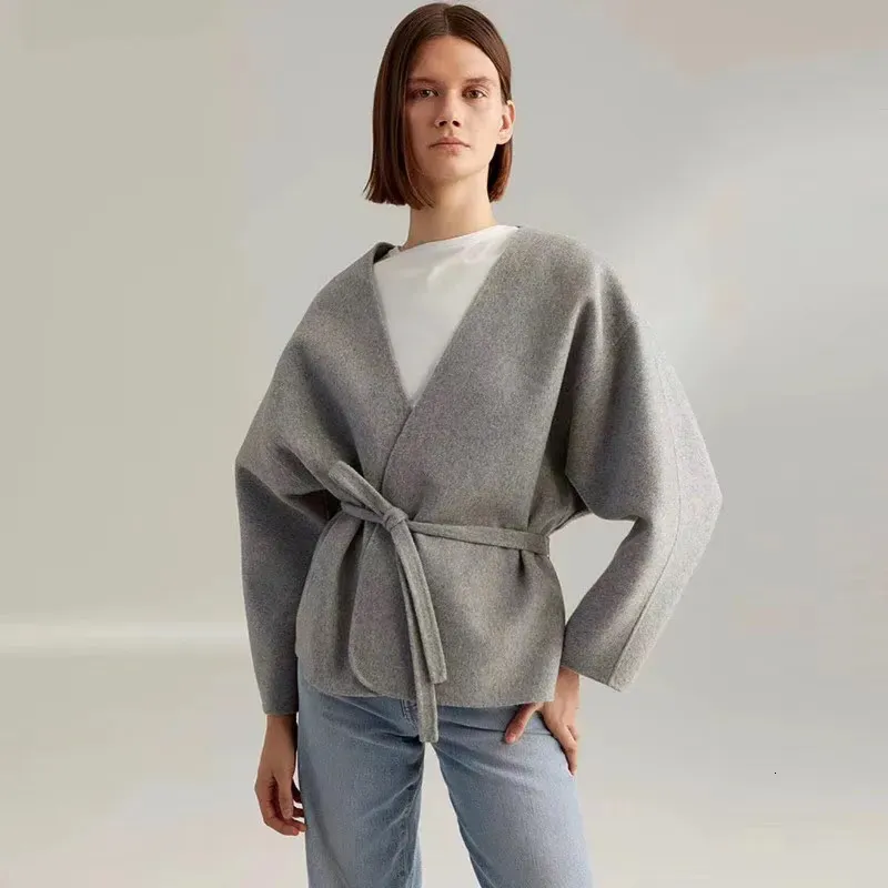 Women s Wool Blends Totem Wool coat short Cardigan Cassic ANNECY series V neck Cardigan arc si shaped Silhouette Belted Jacket Tight Waist 231117