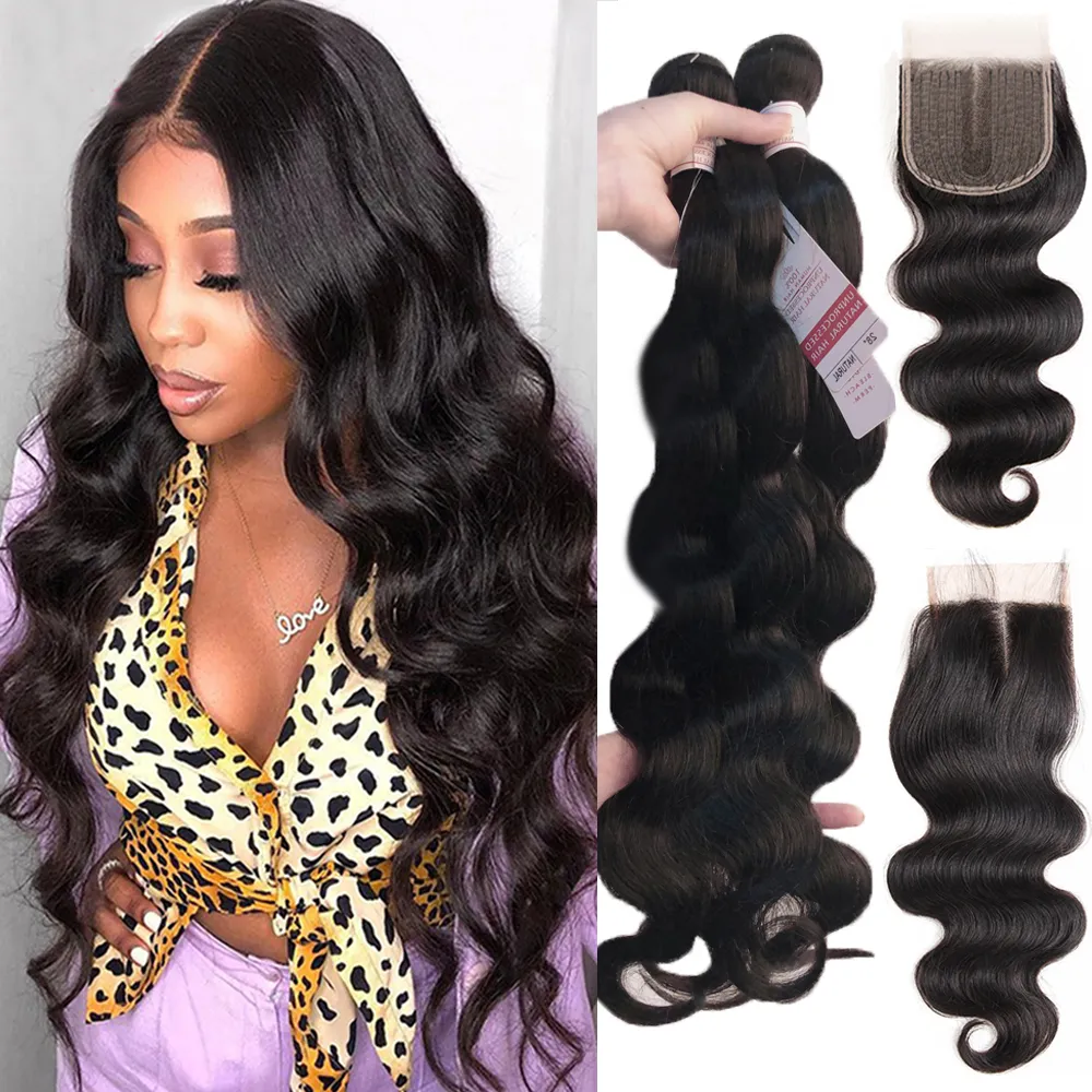 Pezzi di capelli Body Wave Fasci umani con chiusura Remy brasiliano 5x5x1 36 38 40 pollici estensione lunga 230417