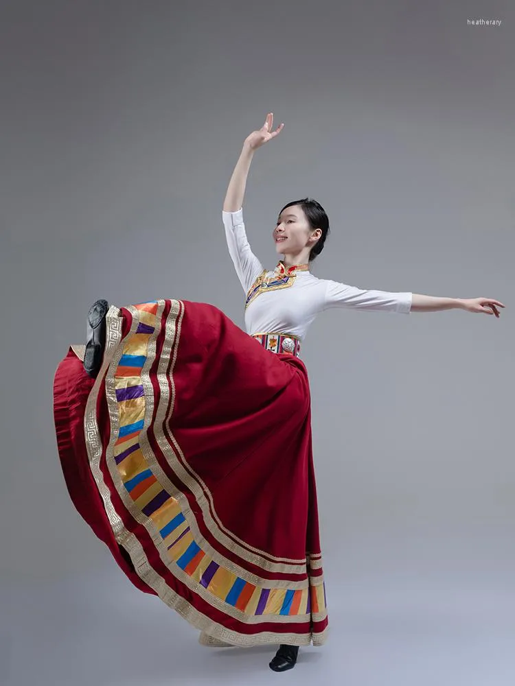 Vêtements ethniques Vêtements de scène tibétains Costumes de minorités féminines Robe d'ouverture de danse pour adultes Pratique