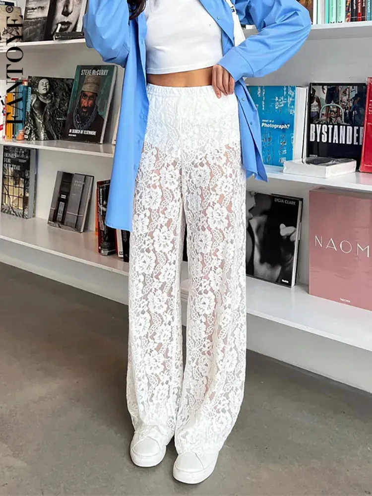 Women's Pants s Fantoye Sexy See Through Lace Women Pant White Hollow Out High Waist Two Piece Sets Female Summer Casual Outside Streetwear 2023 231117