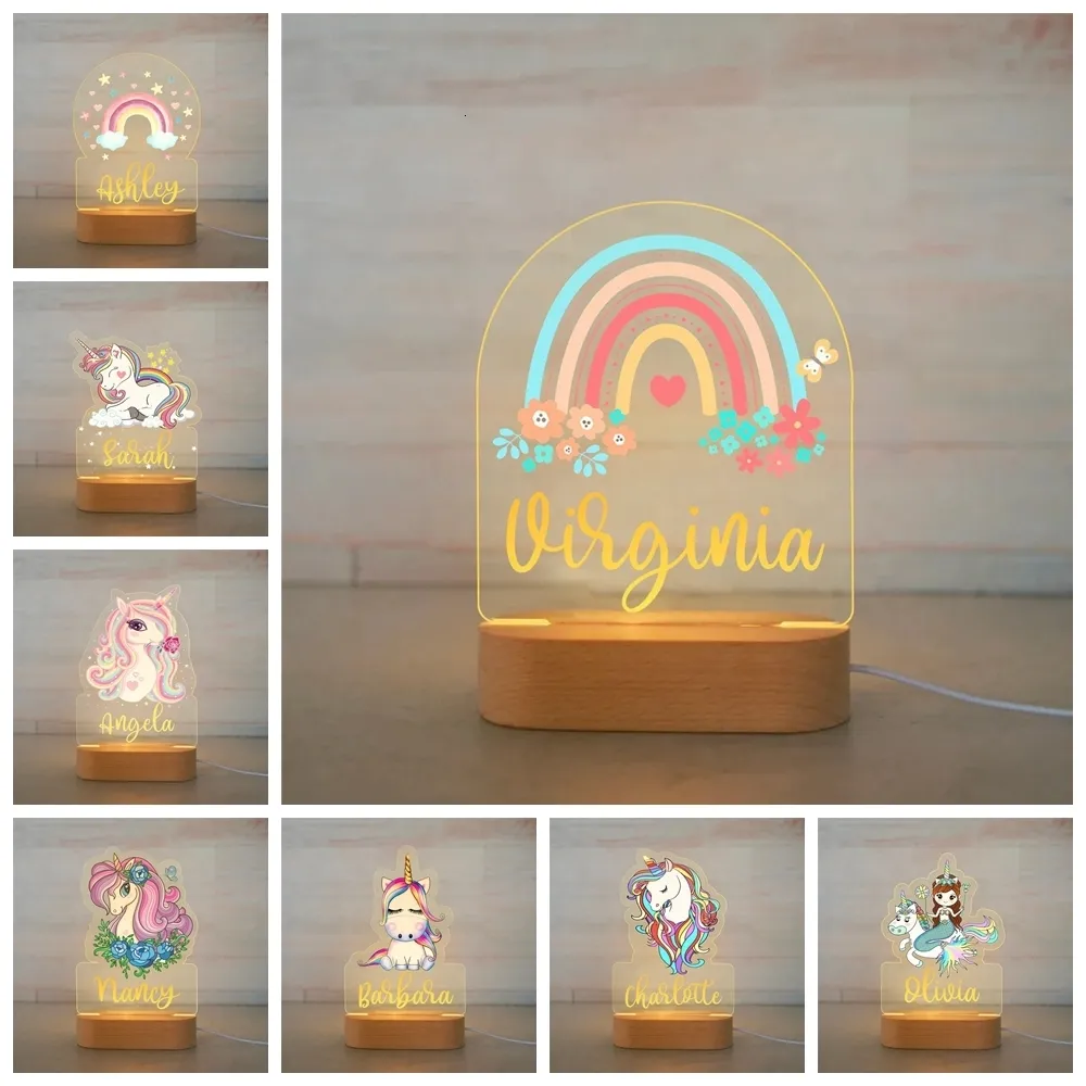 Lampy odcienie spersonalizowane Rainbow Unicorn LED USB 7 Kolory nocne światło niestandardowa nazwa lampy akrylowej baza drewniana do dzieci dzieci sypialnia dekoracje 230418