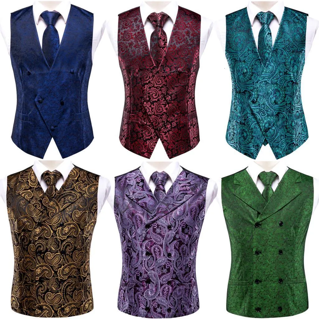 Herenvesten slank 4pc vest stropdas pocket square manchetknopen zijden heren waastcoat nek stropdas set voor pak jurk bruiloft paisley bloemen vesten cadeau 230418