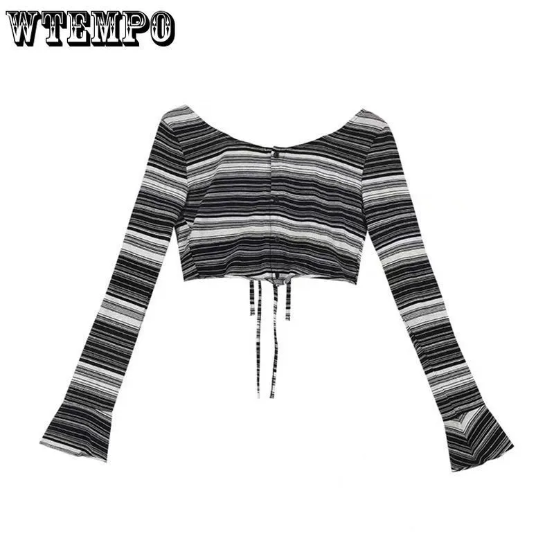 Women's T-Shirt Y2k Top Women's T-shirt Short Slim Top Long Sleeves Black and White Stripes Irregular Cardigan Straps Reversible Drop 230418