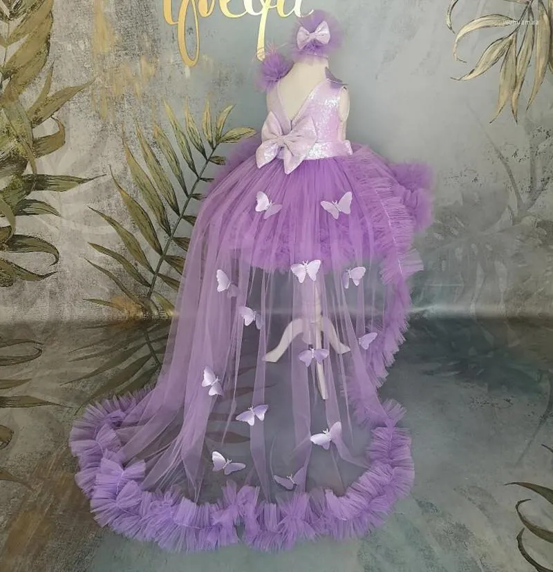 Vestidos de niña, vestido de baile, flor de tul lila, mariposas 3D, cuello redondo, vestido de bebé, fiesta de cumpleaños para niños, tren largo de Navidad