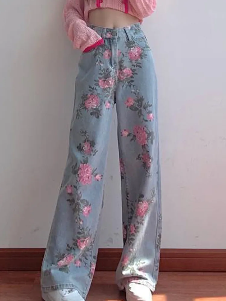 Jeans pour femmes 2023 été doux imprimé fleur Jean's Design Sense Denim pantalon taille haute droite ample bouton large jambe pantalon 230418