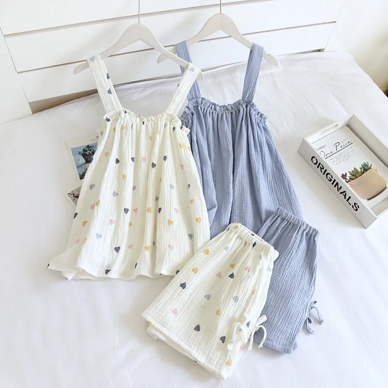 Women's Sleepwear Summer Style Ladies Pajamas Two-piece 100%Cotton Crepe Suspender Shorts Vest Suit Sweet And Loose Home Service Sexy Pjs 230418
