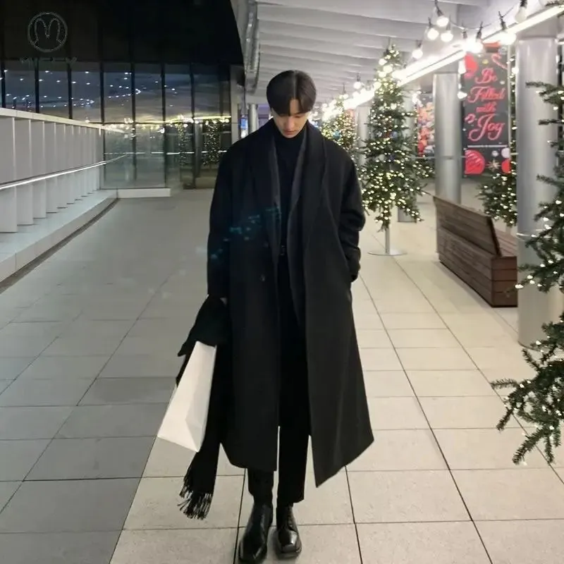 Männer Wolle Mischungen Koreanische Trend Lose Mäntel Casual Einreiher Mantel Herbst Winter Mode Lange Windjacke Mantel Männer Kleidung 231118