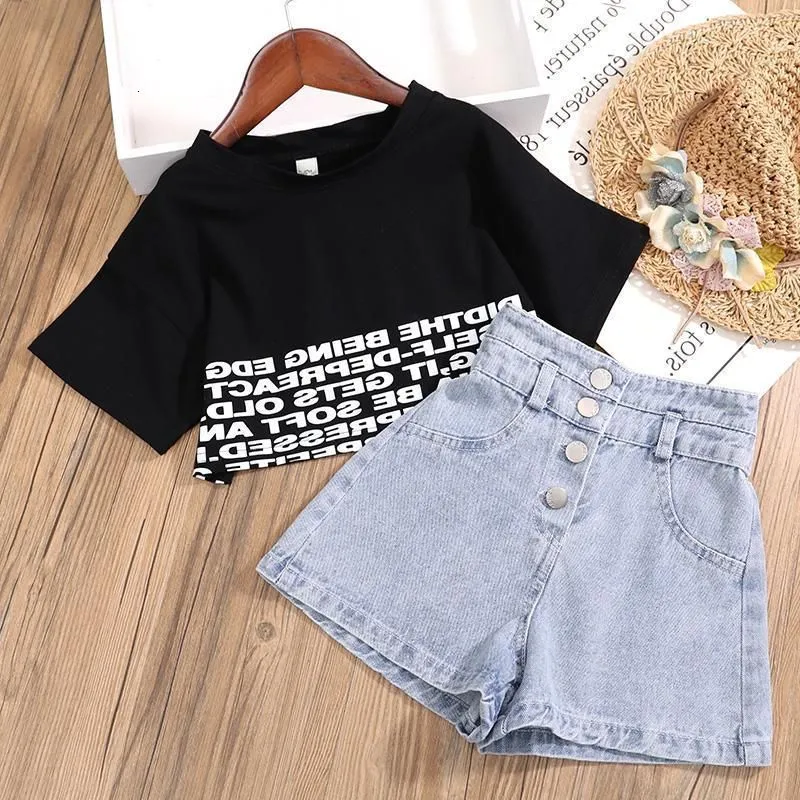 Clothing Sets Summer Kids Girls Clothes Set Teen Girl Crop Tops Tshirt  Denim Shorts Girl Outfits Baby Girls Clothing 4 7 10 To 12 Year 230417 From  12,07 €