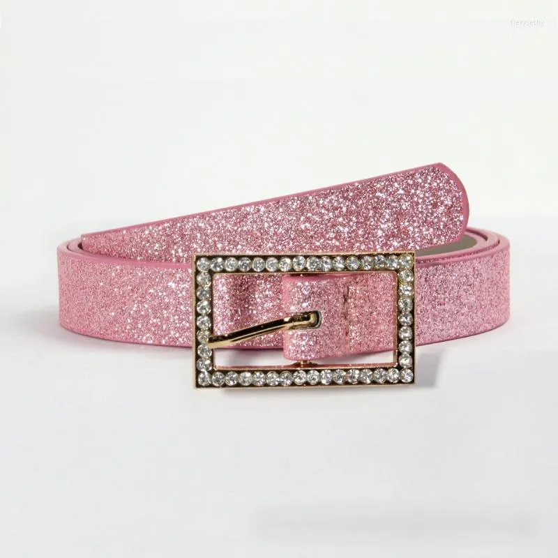 Ceintures mode brillant strass boucle carrée mince 2023 rose or paillettes Gretel PU cuir ceinture décontractée pour les femmes