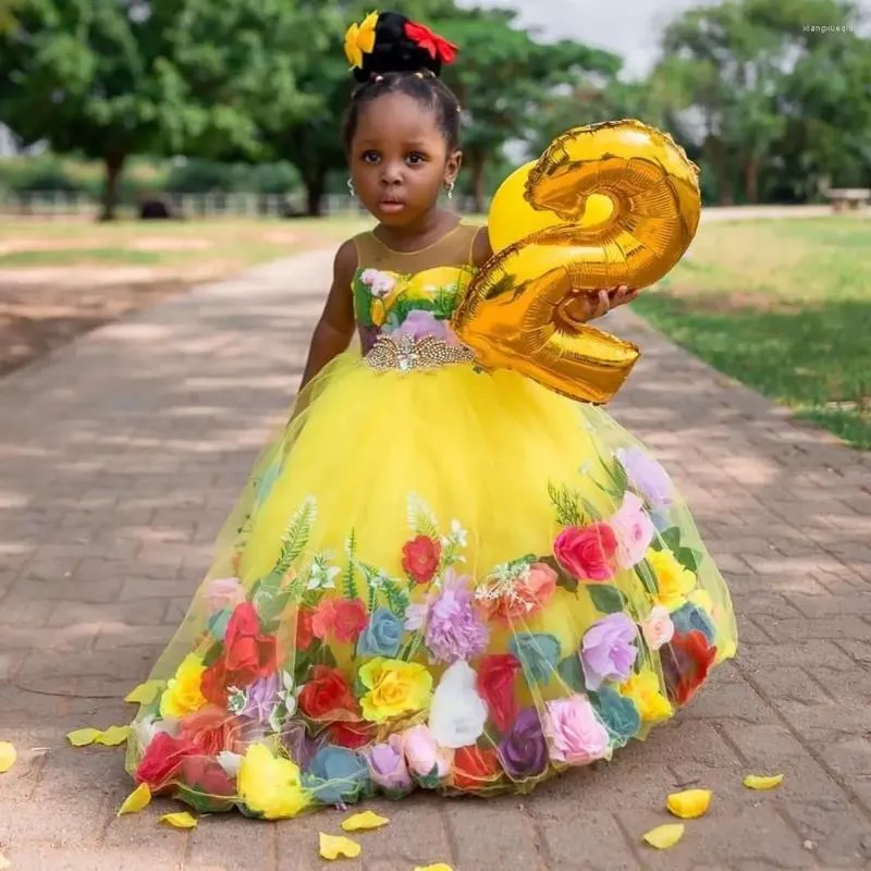 Girl Dresses Yellow Beaded Princesses Flower Dress For Wedding 3D Appliqued Pageant First Communion Birthday Party Christmas Gown