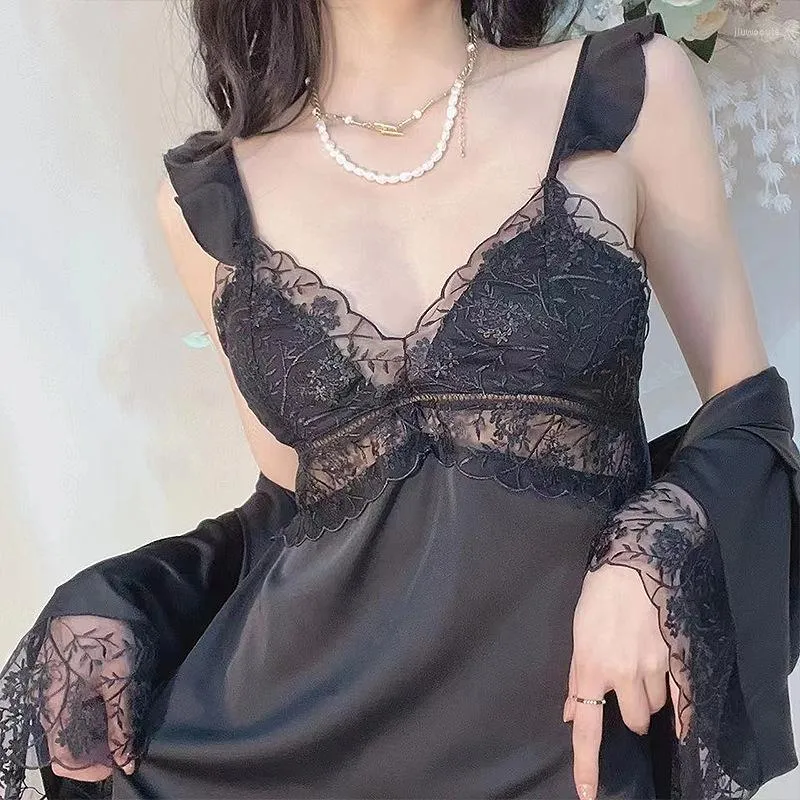 Kadınların Pijama Yaz Suskun Nightgown Seksi Düğün İkiz Set Seti İnce İpek Saten Ev Elbise Gevşek Boynaz Salonu Giyim