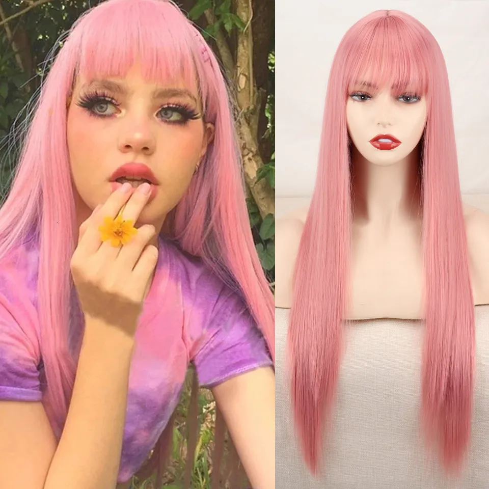 Synthetische pruiken Lolita Synthetische roze blonde pruik Long Streight Hair met pony Natuurlijke pruiken voor vrouwen Cosplay 230417