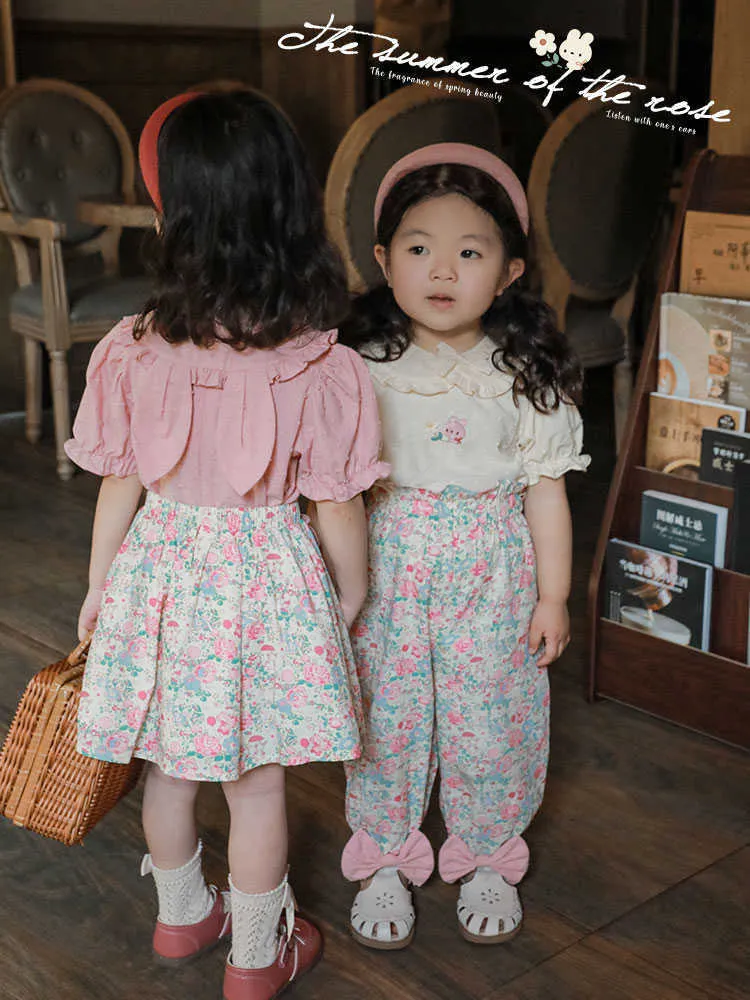 Conjuntos de roupas para meninas camisa doce verão bebê destacável boneca colarinho top infantil estilo princesa saia floral