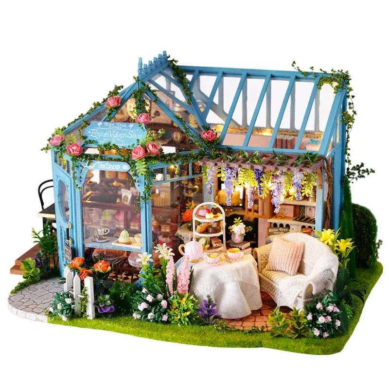 Dekorativa föremål Figurer Handgjorda DIY Dollhouse Wood Toy Doll House Furniture Assemble Puzzle 3D Miniature Education Toys for Children Gift 231117