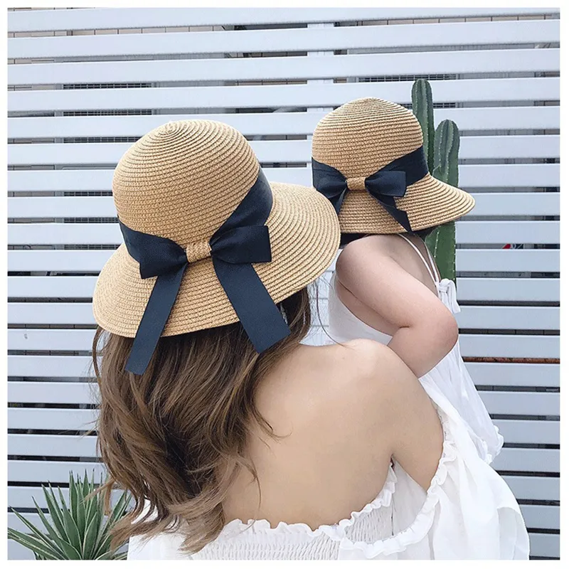 Summer Sun Hat With Bow For Women And Kids Straw Hat With Big Bow