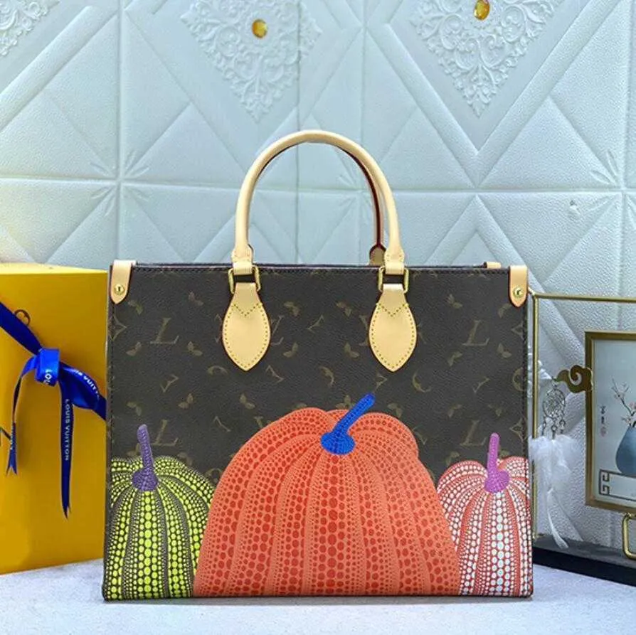 Ontwerper YK Pumpkin print OnTheGo Tote Bag Bloemen letters Enpreinte boodschappentassen Yayoi Kusama MM Leren handtas ON THE GO Purse Wallet M46466