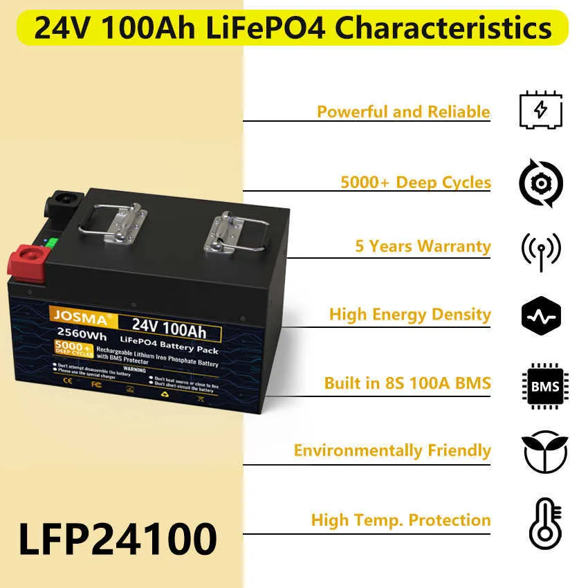 LiFePO4 24V 100A 200Ah 300Ah Battery Pack 25.6V 2560Wh 5000+ Deep