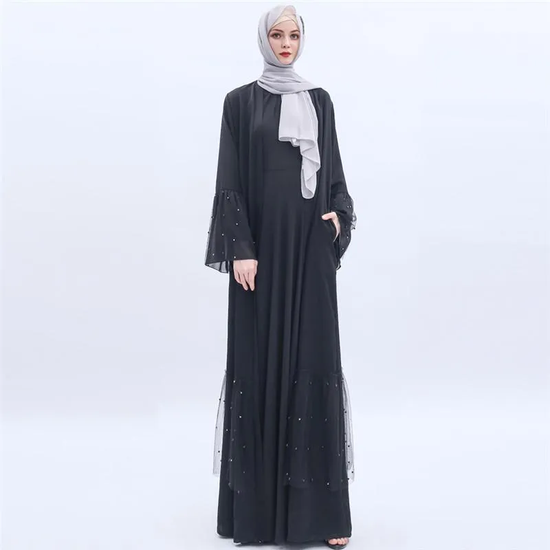 Robes décontractées été femmes manches longues évasées perle perlée maille organza net plaine simple Nida noir musulman ouvert Abaya robe mode Dubaï