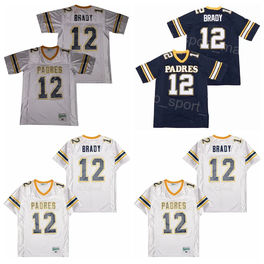 High School Football Tom Brady Jersey 12 Junipero Serra Padres Marineblau Weiß Grau Team Away Genähter und Stickerei Atmungsaktiver College Moive HipHop Pullover