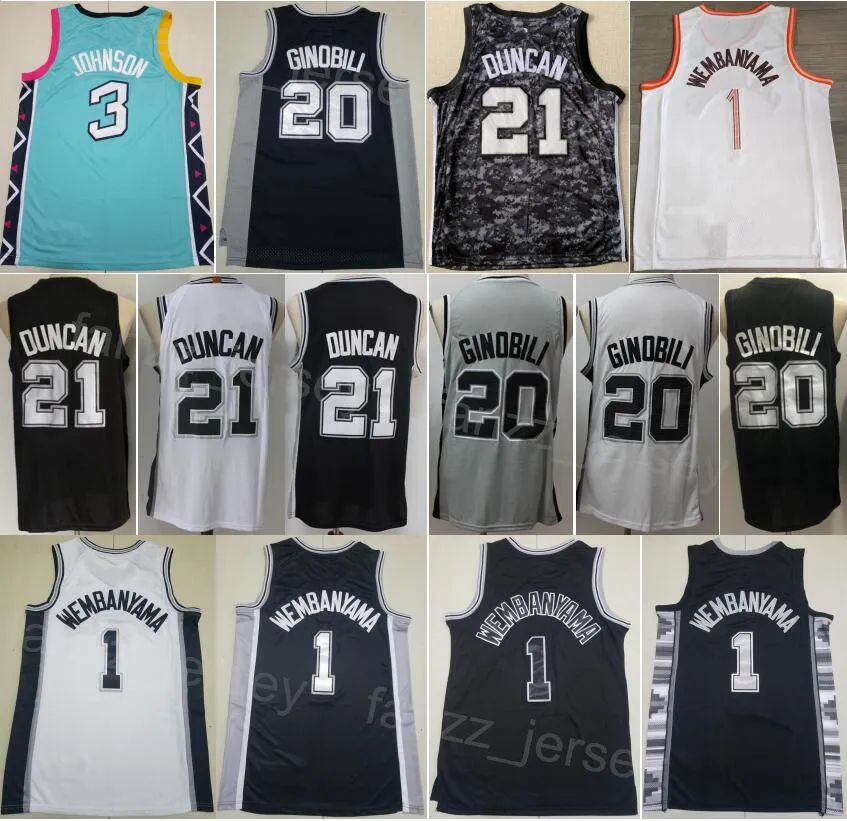 Koszykówka miejska zdobyła koszulkę Manu Ginobili 20 Man Tim Duncan 21 Victor Wembanyama 1 Keldon Johnson 3 Wszystkie zszyte oddychające oświadczenie Klasyczna dobra jakość