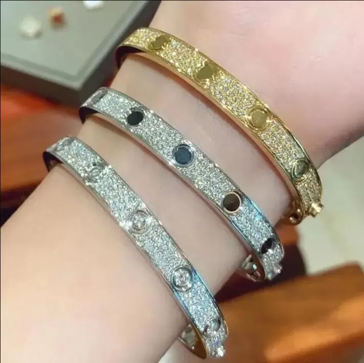 A Classic Titanium Bangle Steel 3 Row Full Diamond Bracelet Fashion Women Men Chirstmas Bracelets Distance Jewelry Gift with velvet bag 20 color size17 18 19