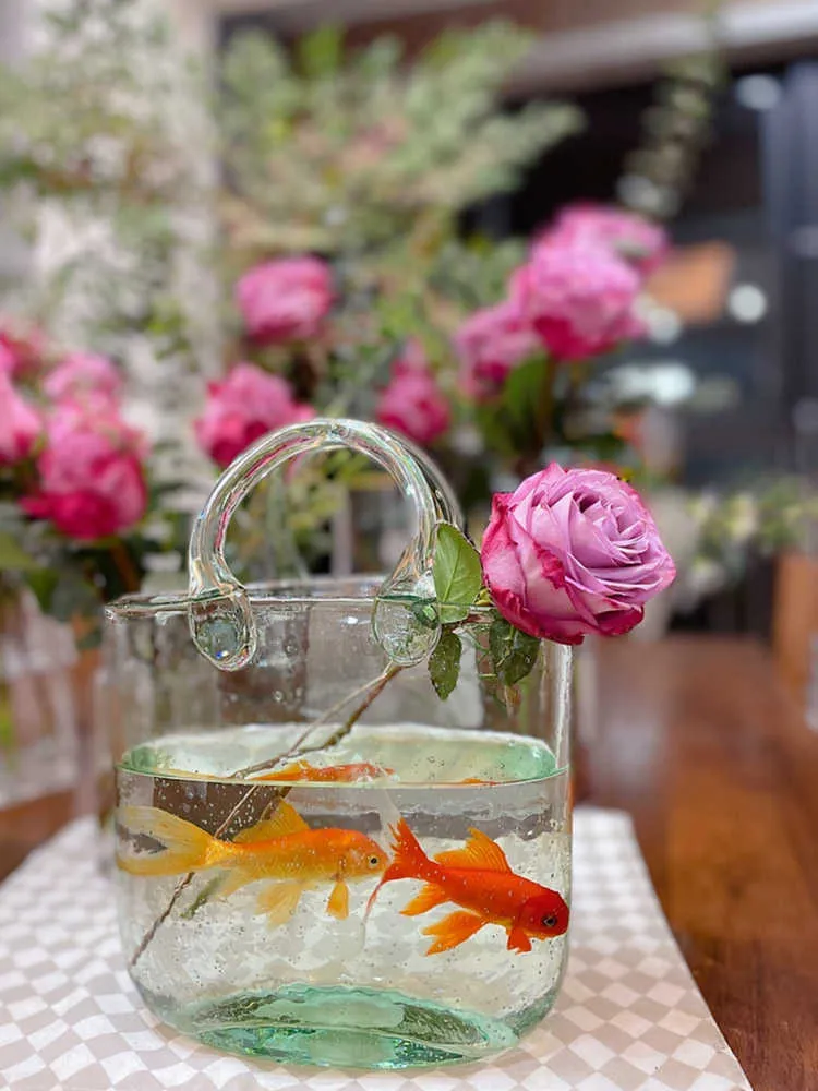 Vases Transparent Handbag Bag glass vase fish tank living room flower basket light luxury Nordic decorative tabletop ornaments Y23