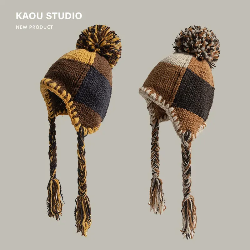 Beanie/Skull Caps Handmade Tassel Braid Cute Knitted Hat Women Korean Version Plaid Hairball Versatile Thermal Ear Protector Wool Bomber Hat231118