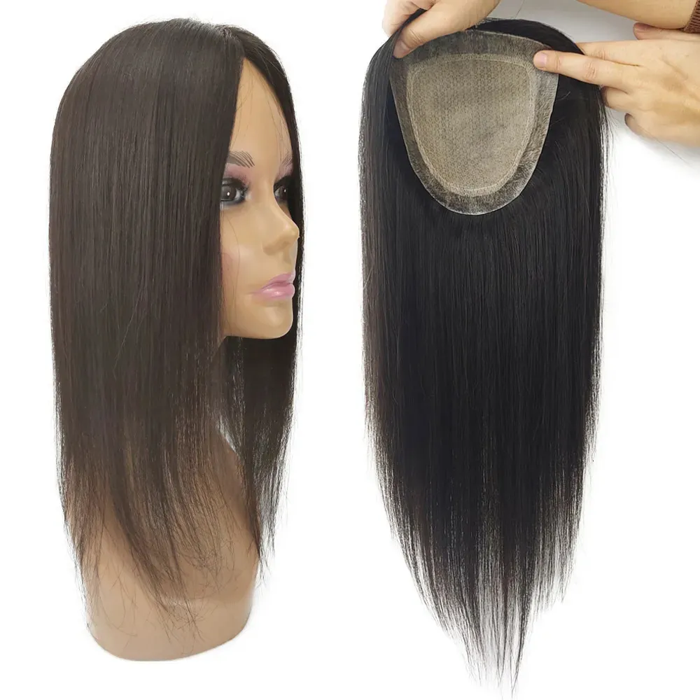 Парики шнурка 15x16CM Европейский девственный человеческий волос Топпер Шелковый верхний парик на коже с 2CM PU вокруг прически с зажимами для женщин 12x13CM 231113