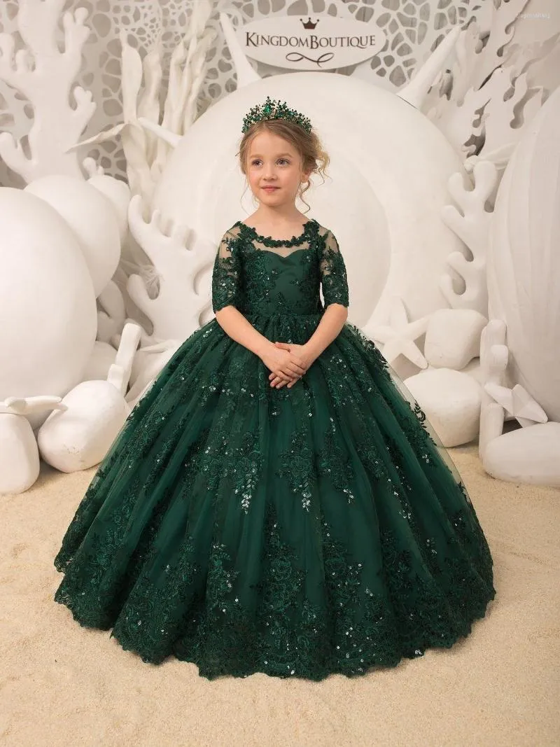 Vestidos de menina Emerald Green Lace Tulle Meio Aplosos de Flores de Manga De volta