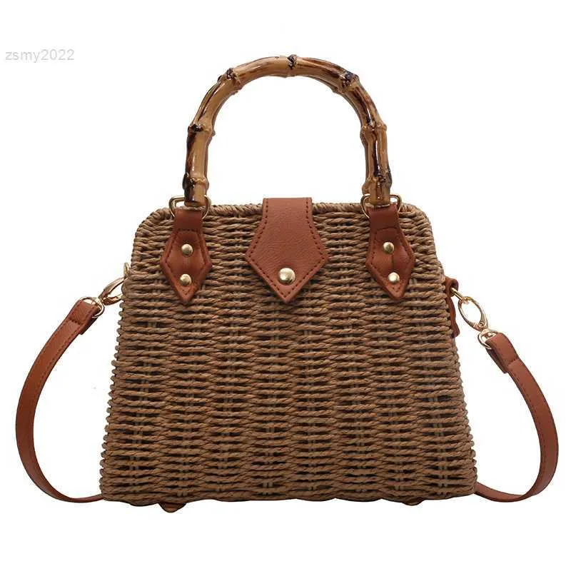 Shoulder Bags Summer Wooden Handle Hand bags for Women Bohemian Beach Bag Lovely Purses and Handbags Designer Messenger Bag Hand Woven Satchel