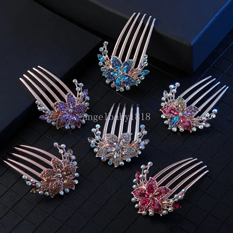 Colorful Rhinestones Flower Hair Combs Elegant Shiny Crystal Hairpins Ornaments Women Bride Hair Clips Accessories Jewelry