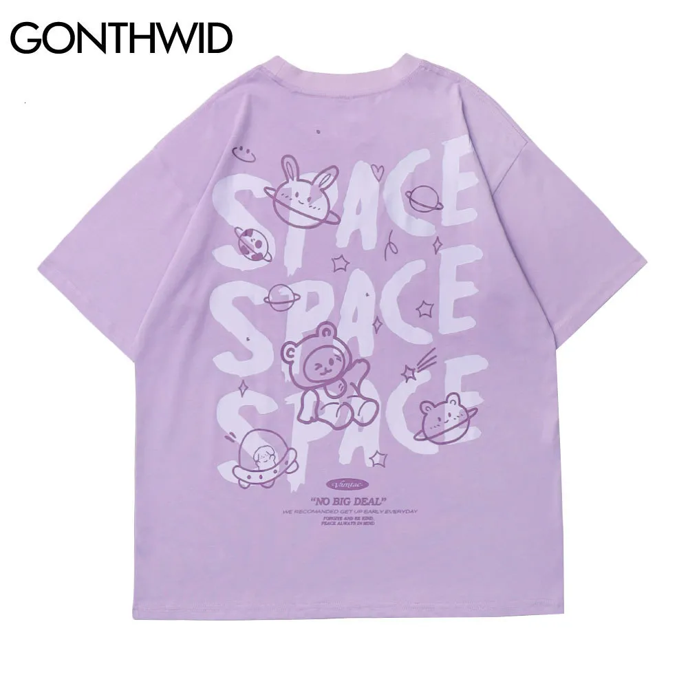 Mens Tshirts Gonthwid Harajuku Tshirts Cartoon Bear Bain Rabbit Space Kort ärm tees skjortor Streetwear Hip Hop Fashion COMULL LOOKS 230418