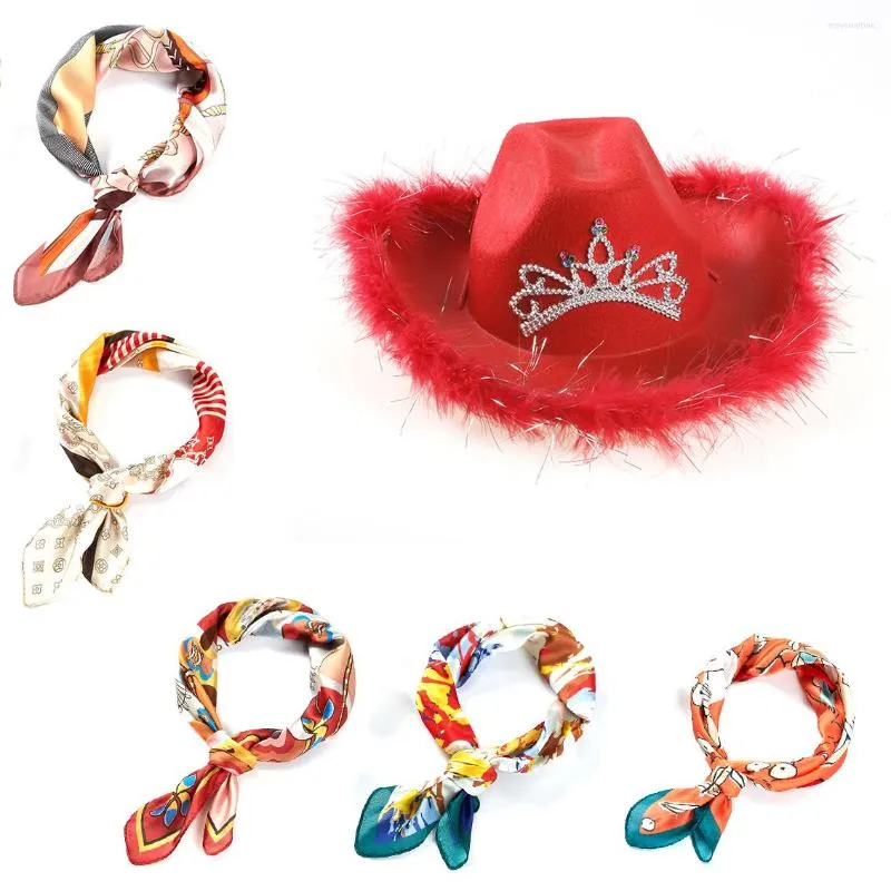 Chapeaux à large bord Chapeau de cow-girl pour femmes avec écharpe carrée Style occidental Tiara Girl Pink Cowboy Cap Costume de vacances Fête