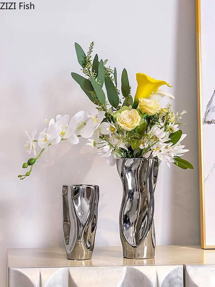 Vases Ceramic Vase Silver Flower Vase Mirror Surface Warped Abstract Flower Arrangement Ceramic Bottle Home Decoration Ornaments Y23