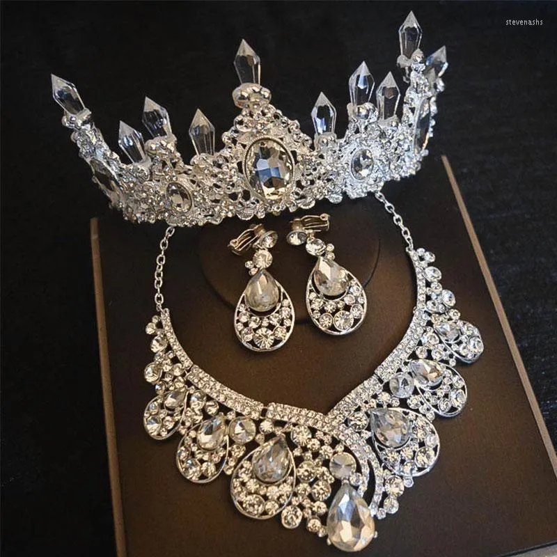 Başlıklar gümüş kaplama kristal taç tiaras kolye küpeler Gelin kadınlar için saç aksesuarları düğün büyük rhinestone gelin takı setleri