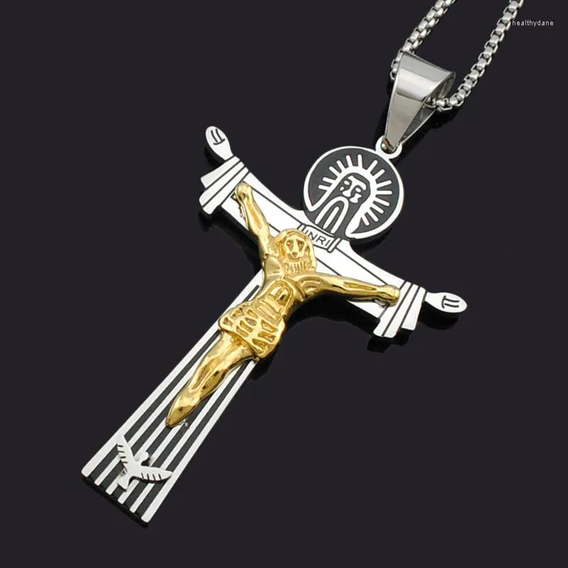 Anhänger Halsketten ATGO Klassische Doppelschicht Jesus Edelstahl Kreuz Charme Religiöse Aufhängung Schmuck Männer Frauen BP1982