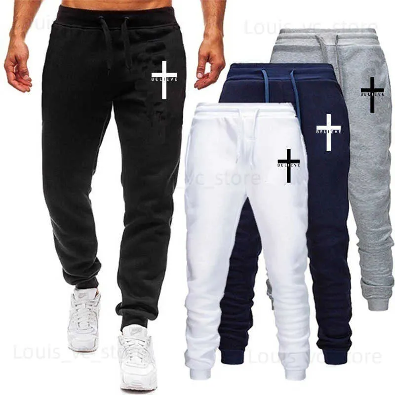 Calças masculinas homens calça 2022 primavera outono eu acredito em cristão jesus impressão série cordão casual simples solto esportes jogging calças t231118