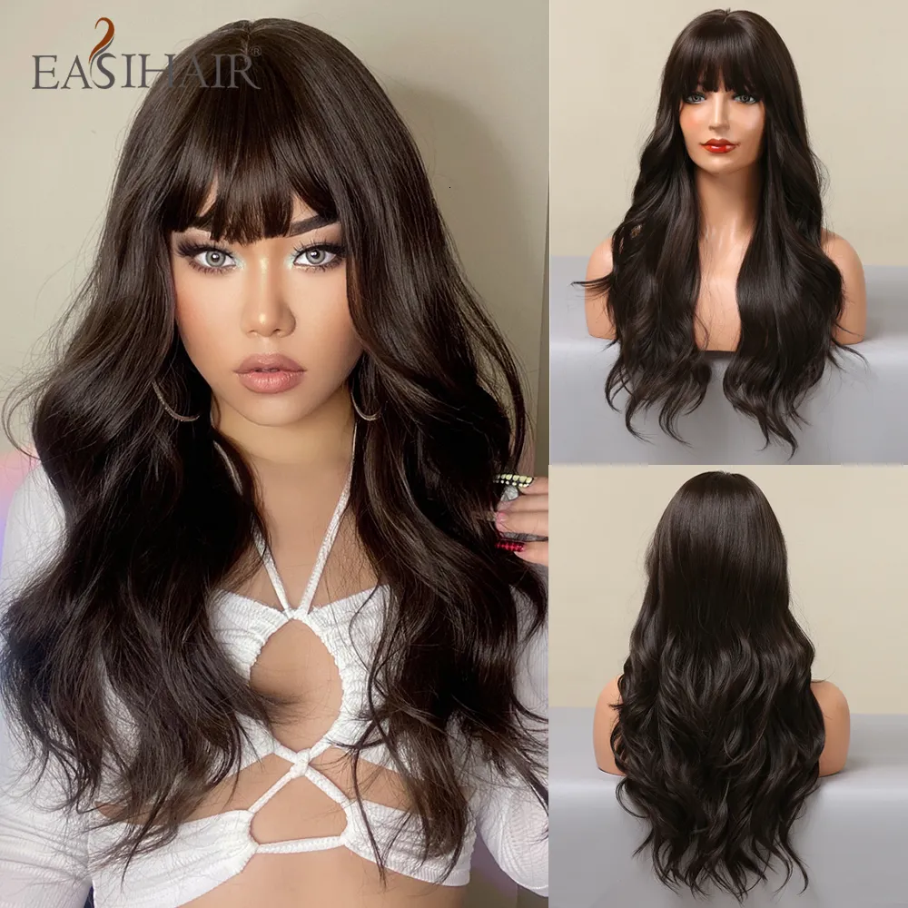 Syntetiska peruker Easihair Långbrun svart vågig med Bang Natural Wave Hair Wig For Women Daily Cosplay värmebeständig fiber L230417