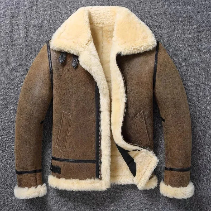 Veste d'hiver en cuir de mouton 100% naturel, manteau en vraie fourrure chaude, Style explosif Sherpa, grande fourrure pour hommes, veste de moto à la mode